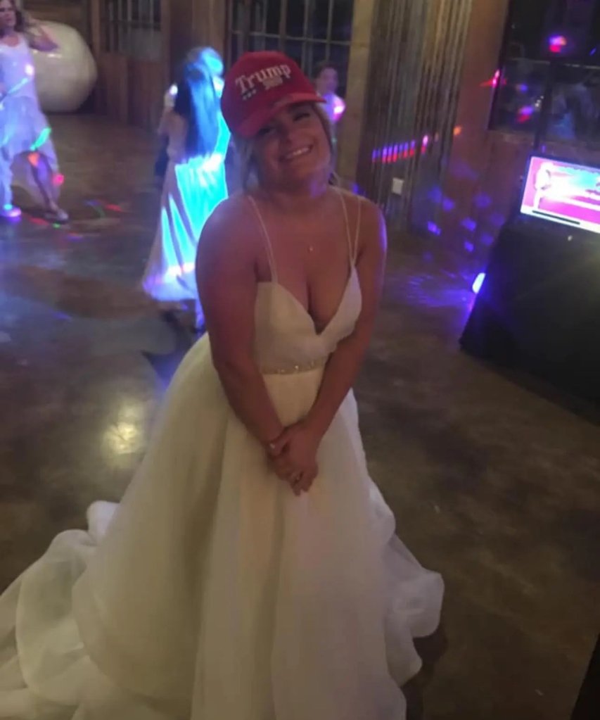 Madison Paige Jones wearing a red MAGA hat and a wedding dress.