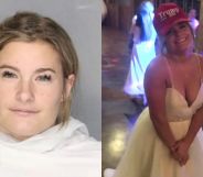 A split image of Madison Paige Jones' mugshot (left) and a picture of her in a wedding dress and a red MAGA hat (right)