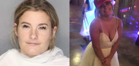 A split image of Madison Paige Jones' mugshot (left) and a picture of her in a wedding dress and a red MAGA hat (right)