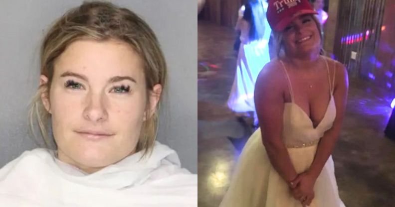 A split image of Madison Paige Jones' mugshot (left) and a picture of her in a wedding dress and a red MAGA hat (right)