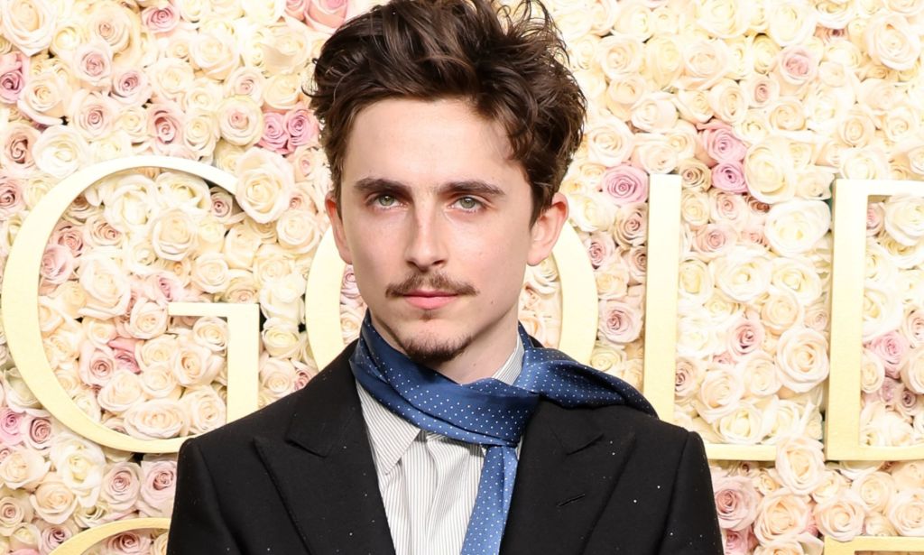 A red-carpet image of Timothée Chalamet wearing a black suit.