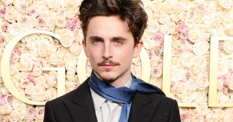 A red-carpet image of Timothée Chalamet wearing a black suit.