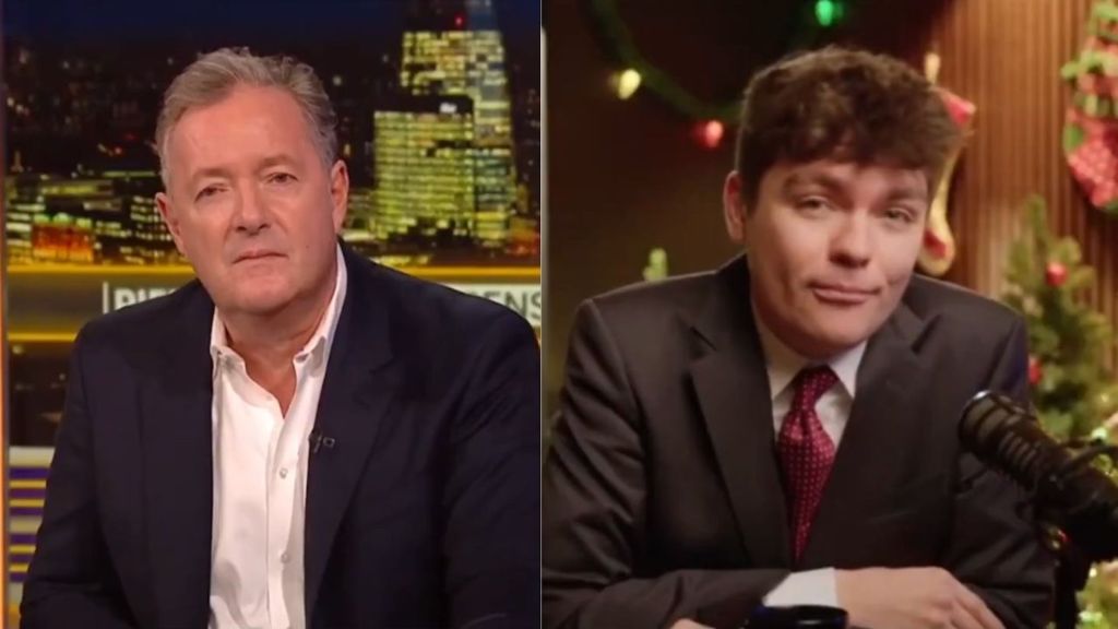 Far-right commentator Nick Fuentes (L) was challenged over his views on women by Piers Morgan (R). (Piers Morgan Uncensored)