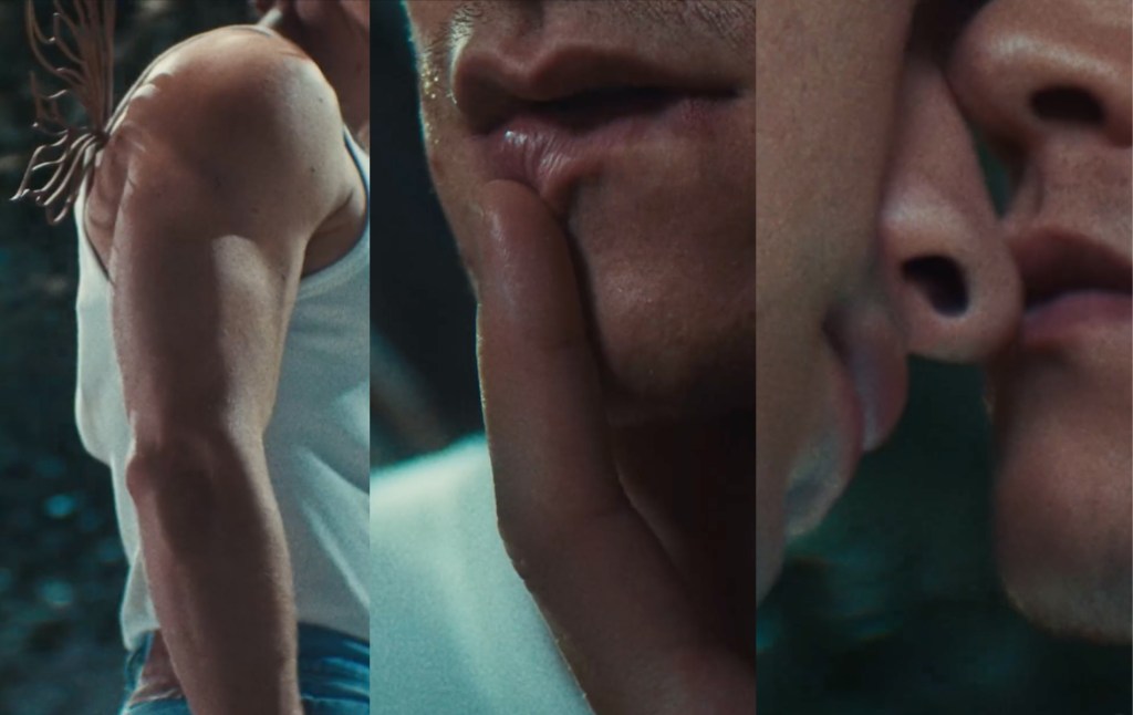 stills from Hudson Williams and Connor Storrie's Quinn promo: a man wearing rings, a lip being pulled and two faces pressed close.