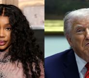SZA in a grey outfit backstage at the Grammys (left) and Donald Trump upturning his mouth while sat in the White House's Roosevelt Room. (right)