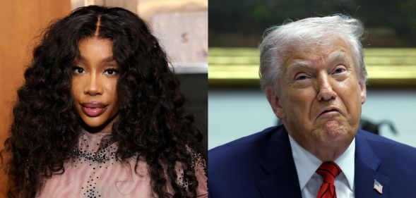 SZA in a grey outfit backstage at the Grammys (left) and Donald Trump upturning his mouth while sat in the White House's Roosevelt Room. (right)
