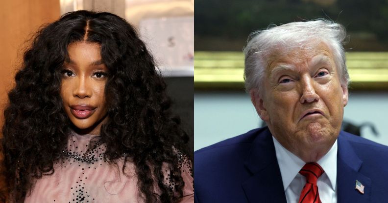 SZA in a grey outfit backstage at the Grammys (left) and Donald Trump upturning his mouth while sat in the White House's Roosevelt Room. (right)