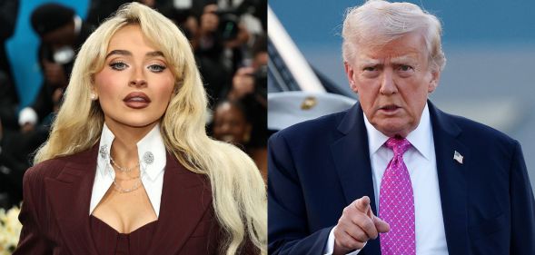On the left, Sabrina Carpenter at the 2025 Met Gala. On the right, Donald Trump points his finger at the camera.