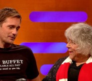 Alexander Skarsgård and Miriam Margolyes sitting beside eachother on The Graham Norton Show
