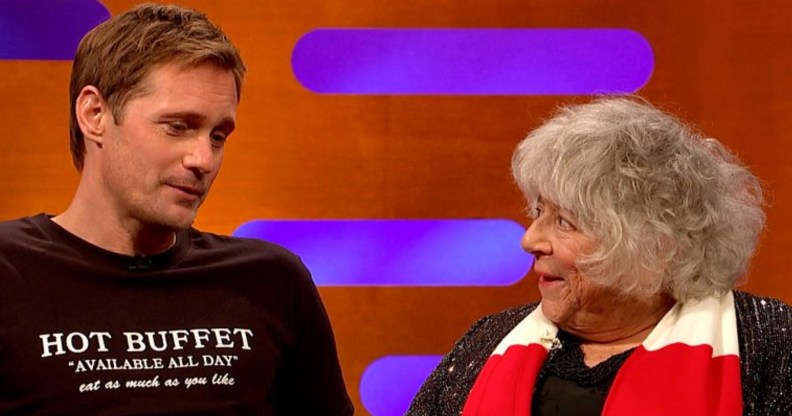Alexander Skarsgård and Miriam Margolyes sitting beside eachother on The Graham Norton Show