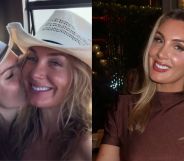 Zilda Williams being kissed by a woman (left) and on a night out in a brown top, smiling (right)