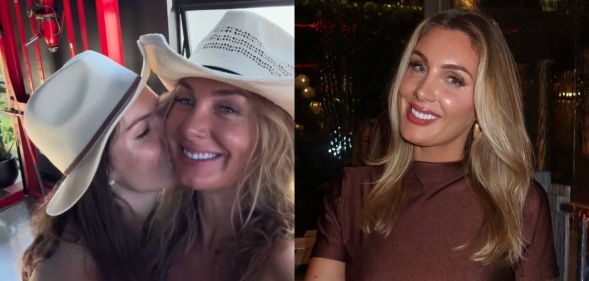 Zilda Williams being kissed by a woman (left) and on a night out in a brown top, smiling (right)