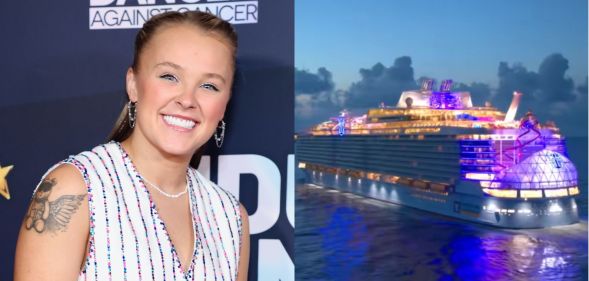 JoJo Siwa smiles in a bedazzled white tank top (left) and a still from her cruise ship announcement video featuring the ship (right).