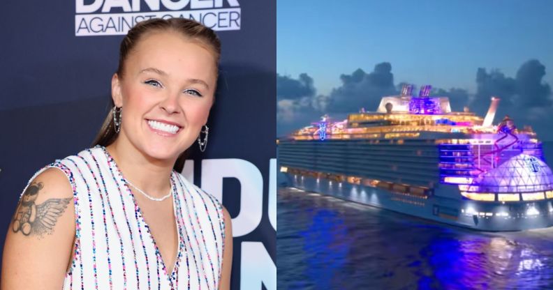 JoJo Siwa smiles in a bedazzled white tank top (left) and a still from her cruise ship announcement video featuring the ship (right).