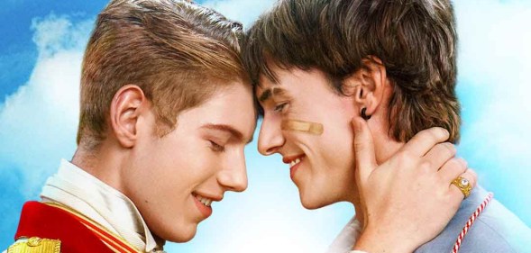 Andrew Tong as Prince Nicholas Valehart and Greg Duffy as his lover, Lucas Wilder. THe pair are resting their foreheads together while Nicholas has his hand on Lucas' neck.