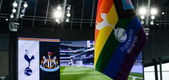 The rainbow laces corner flag during the Premier League match between Tottenham Hotspur and Newcastle United at Tottenham Hotspur Stadium on October 23, 2022 in London, England.