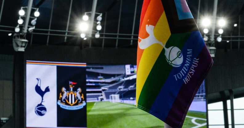 The rainbow laces corner flag during the Premier League match between Tottenham Hotspur and Newcastle United at Tottenham Hotspur Stadium on October 23, 2022 in London, England.