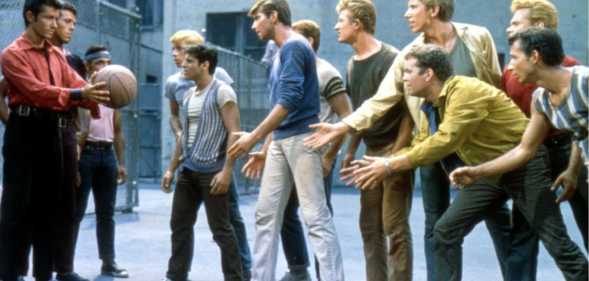 Actors George Chakiris, Tony Mordente, Tucker Smith and Russ Tamblyn in a scene from the musical film 'West Side Story', 1961
