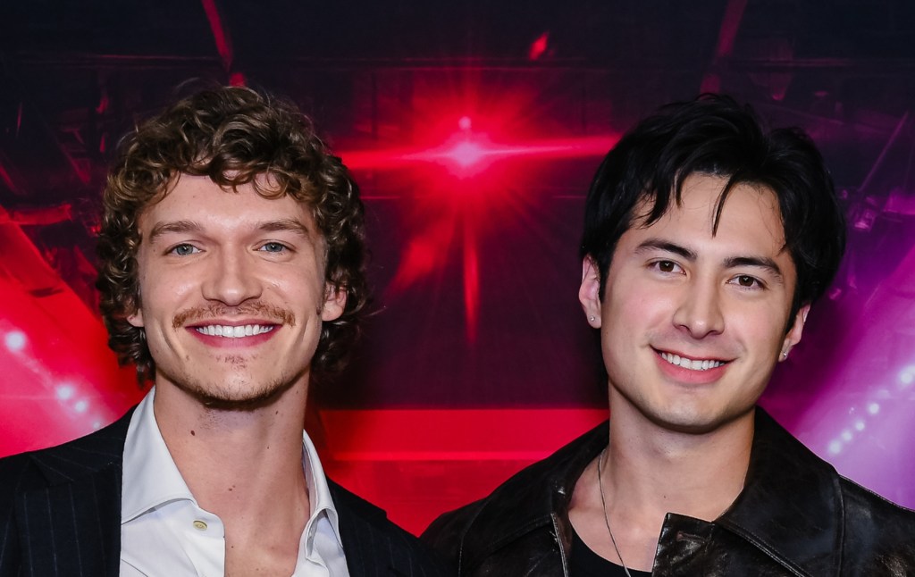 Connor Storrie and Hudson Williams attend the premiere of Heated Rivalry