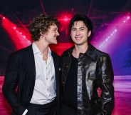 Connor Storrie and Hudson Williams attend the premiere of Heated Rivalry