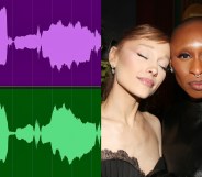 Vocal wave lengths of Ariana Grande and Cynthia Erivo in-sync alongside a photo of them leaning their heads together.
