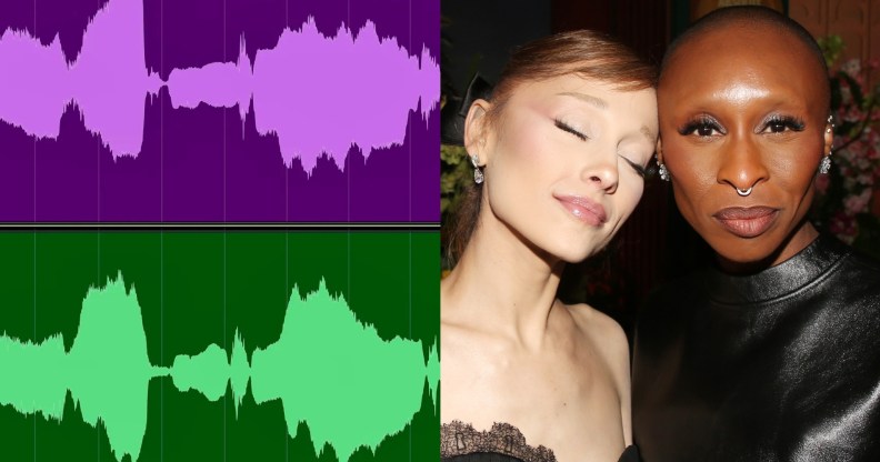 Vocal wave lengths of Ariana Grande and Cynthia Erivo in-sync alongside a photo of them leaning their heads together.