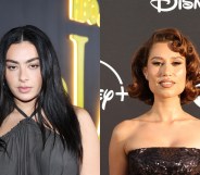 Charli XCX and Raye attending red carpet events. Both are wearing black dresses.