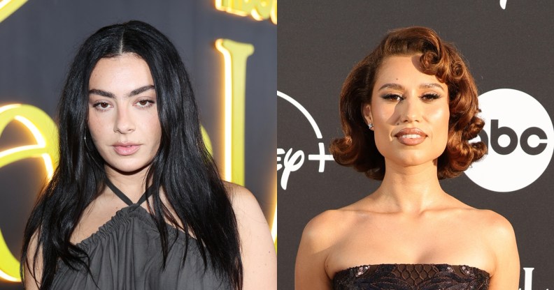 Charli XCX and Raye attending red carpet events. Both are wearing black dresses.