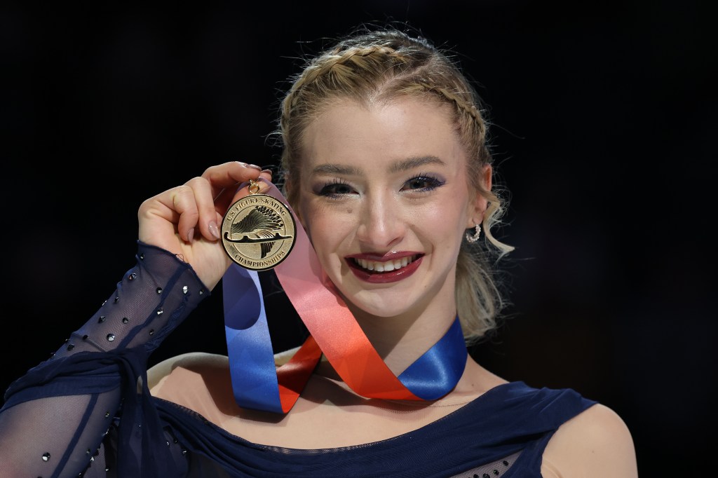 Amber Glenn poses for a photo after competing in the Women's Free Skating during the 2026 United States Figure Skating Championships