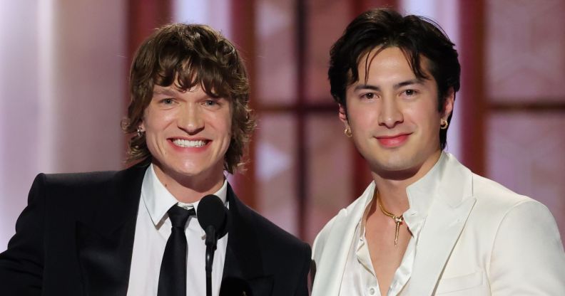 Connor Storrie, Hudson Williams at the 83rd Annual Golden Globes held at The Beverly Hilton on January 11, 2026 in Beverly Hills, California.