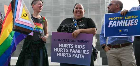 Demonstrators protest against conversion therapy outside the US Supreme Court as the Court hears oral arguements in Chiles v. Salazar, a landmark case on conversion therapy, on 7 October, 2025.