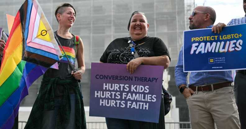 Demonstrators protest against conversion therapy outside the US Supreme Court as the Court hears oral arguements in Chiles v. Salazar, a landmark case on conversion therapy, on 7 October, 2025.