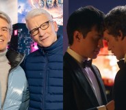 Andy Cohen and Anderson Cooper host CNN's New Year's Eve Live. Next to them an image of Heated Rivalry: Hudson Williams as Shane Hollander and Connor Storrie as Ilya Rozanov