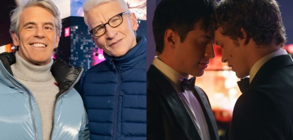 Andy Cohen and Anderson Cooper host CNN's New Year's Eve Live. Next to them an image of Heated Rivalry: Hudson Williams as Shane Hollander and Connor Storrie as Ilya Rozanov