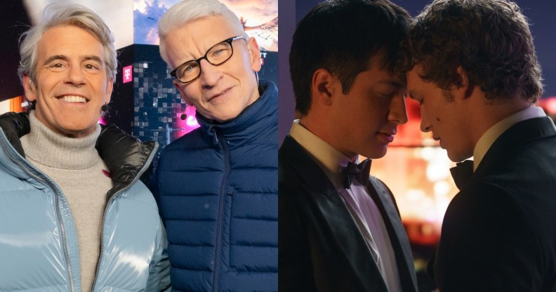 Andy Cohen and Anderson Cooper host CNN's New Year's Eve Live. Next to them an image of Heated Rivalry: Hudson Williams as Shane Hollander and Connor Storrie as Ilya Rozanov