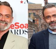 On the left, Daniel Brocklebank smiles on the red carpet of the InsideSoap Awards. On the right, Billy Mayhew in Coronation Street.