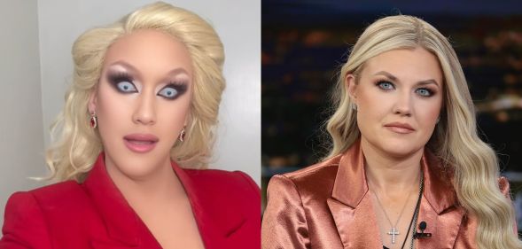 On the left, drag performer Lauren Banall as Erika Kirk. On the right, Erika Kirk on Fox News.