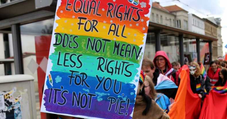 Participants wave a huge rainbow flag in the 17th Christopher Street Day (CSD) parade in Cottbus, Germany, under the motto United in Peace and Diversity