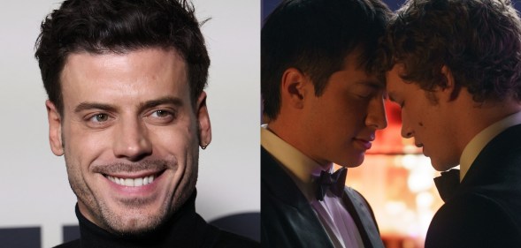 Headshot of François Arnaud and a Heated Rivalry still of Hudson Williams as Shane Hollander and Connor Storrie as Ilya Rozanov