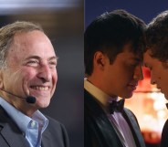 Headshot of NHL Commissioner Gary Bettman and Heated Rivalry still of Shane and Ilya with their foreheads pressed together