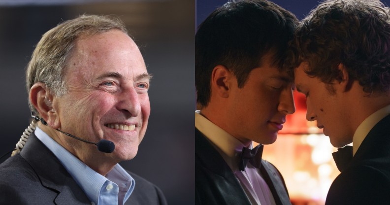 Headshot of NHL Commissioner Gary Bettman and Heated Rivalry still of Shane and Ilya with their foreheads pressed together
