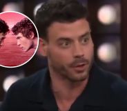 Francois Arnaud, with a photoshopped circle next to him containing the main characters of Heated Rivalry.