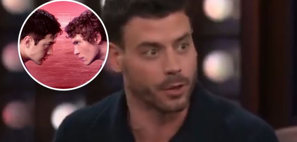 Francois Arnaud, with a photoshopped circle next to him containing the main characters of Heated Rivalry.