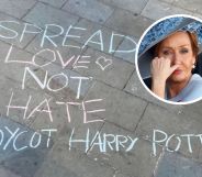 A pavement chalk message reading: "Spread Love Not Hate. Boycott Harry Potter."