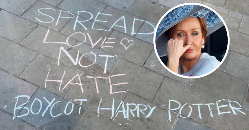 A pavement chalk message reading: "Spread Love Not Hate. Boycott Harry Potter."