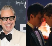 Jeff Goldblum on the 2026 Critics' Choice Awards red carpet in a white suit and black bow tie. Image on the right is Heated Rivalry's stars with their foreheads resting together.