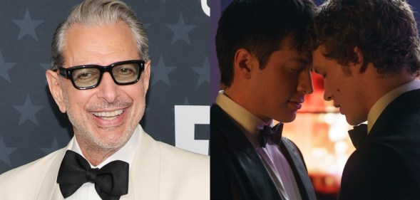 Jeff Goldblum on the 2026 Critics' Choice Awards red carpet in a white suit and black bow tie. Image on the right is Heated Rivalry's stars with their foreheads resting together.