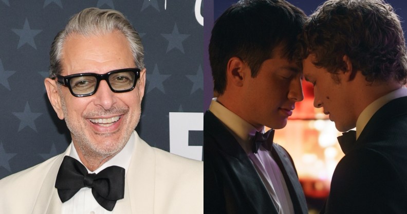 Jeff Goldblum on the 2026 Critics' Choice Awards red carpet in a white suit and black bow tie. Image on the right is Heated Rivalry's stars with their foreheads resting together.