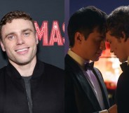 headshot of Olympian Gus Kenworthy and then a still from Heated Rivalry of Shane and Ilya resting their foreheads together.