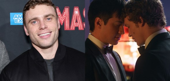 headshot of Olympian Gus Kenworthy and then a still from Heated Rivalry of Shane and Ilya resting their foreheads together.